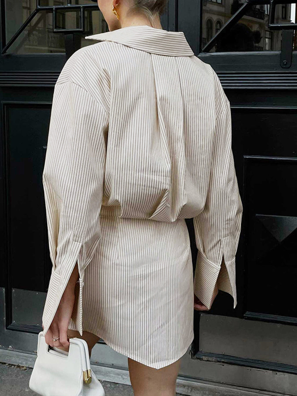 Rahat İnce Çizgili Mini Gömlek Elbise