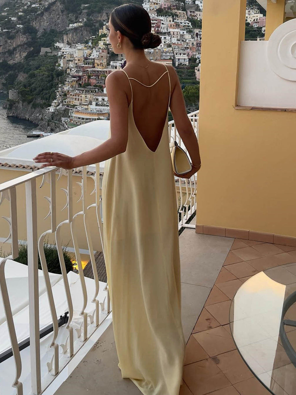 Sırt Dekolteli Tatil Saten Uzun Elbise
