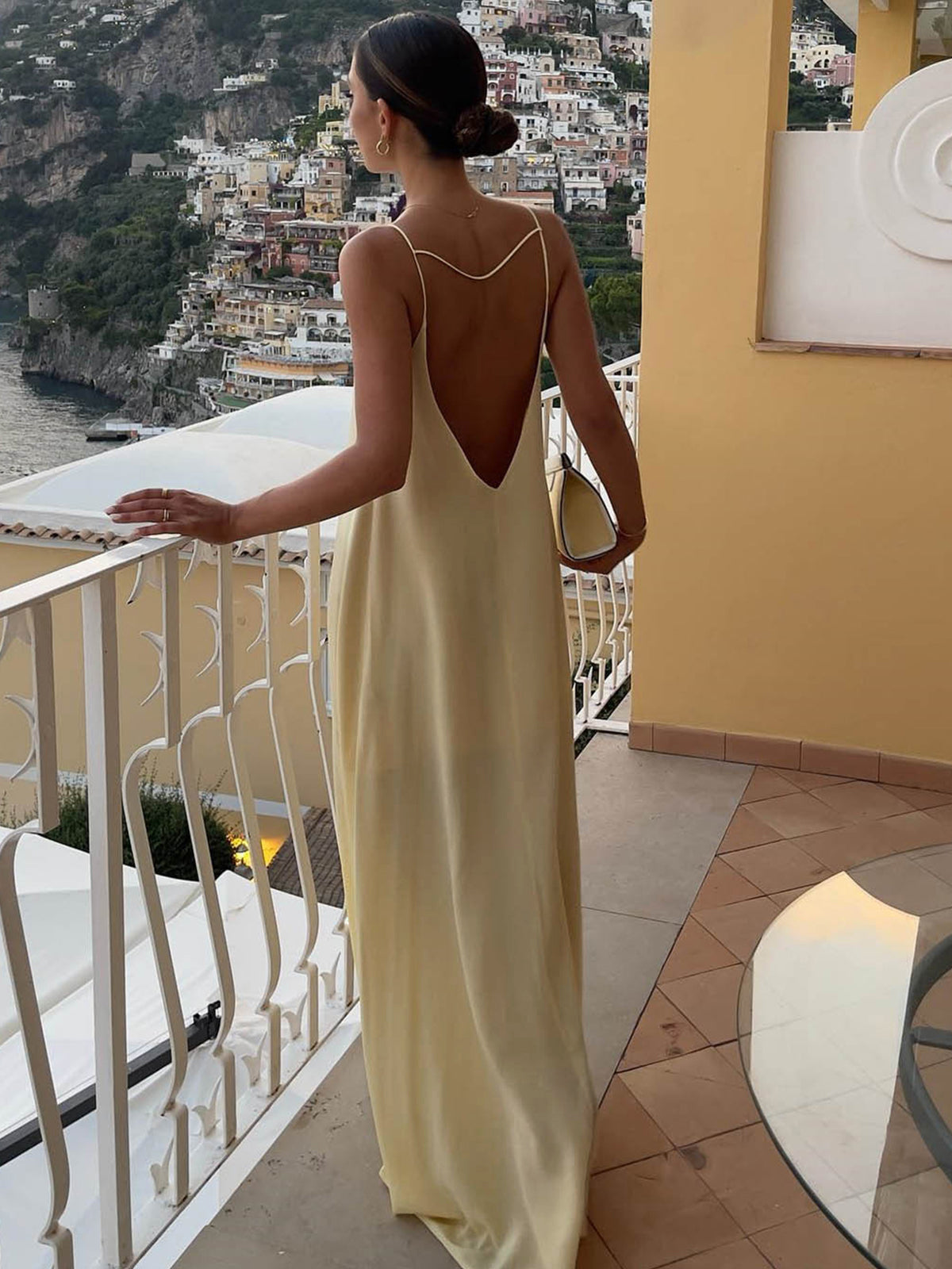 Sırt Dekolteli Tatil Saten Uzun Elbise