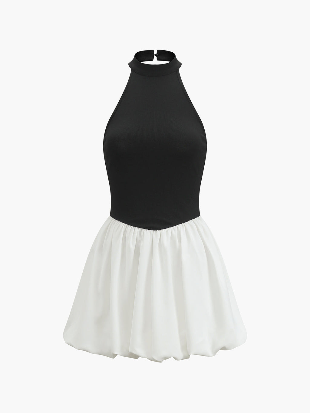 İki Renkli Halter Yaka Puff Mini Elbise