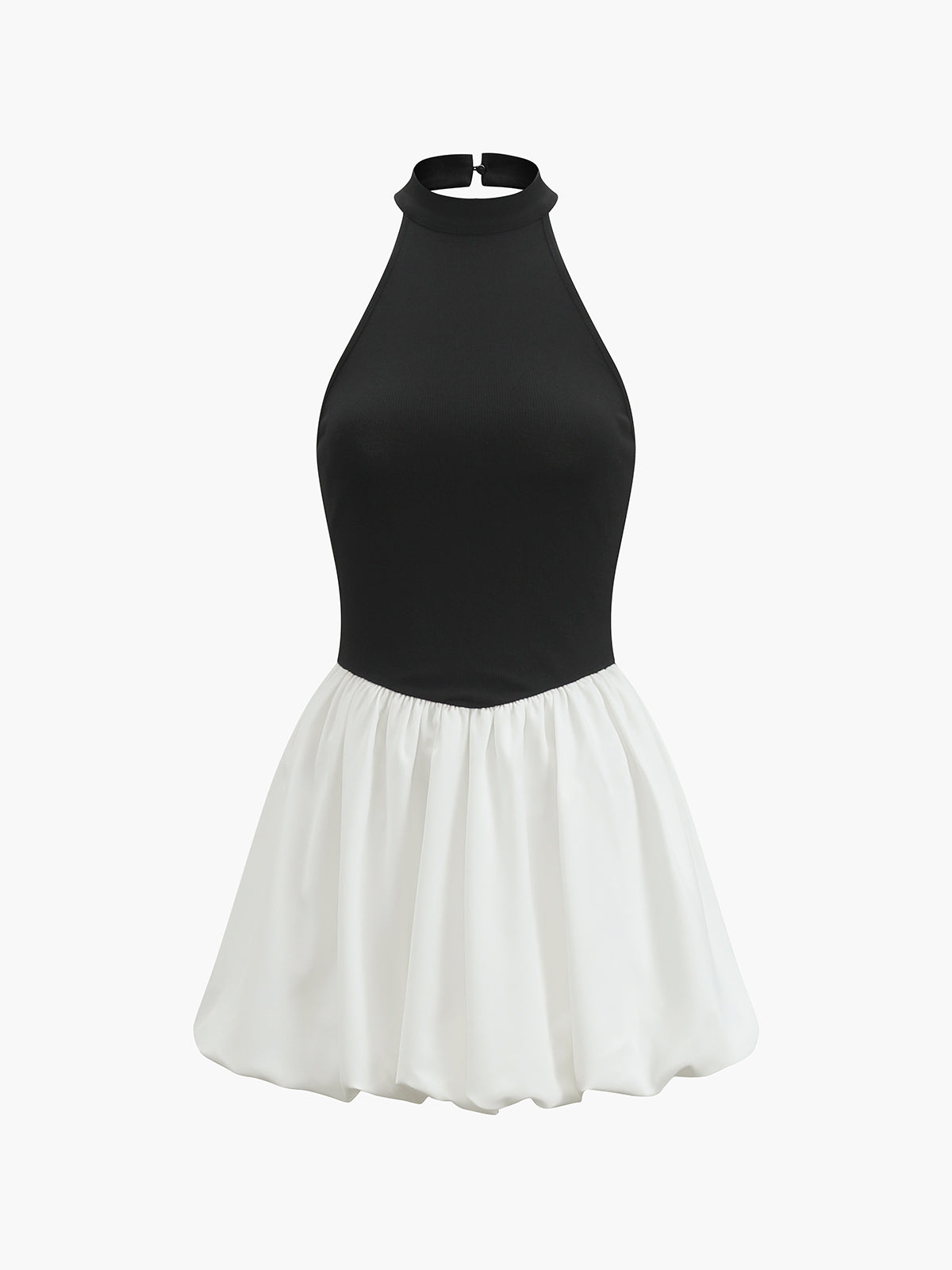 İki Renkli Halter Yaka Puff Mini Elbise