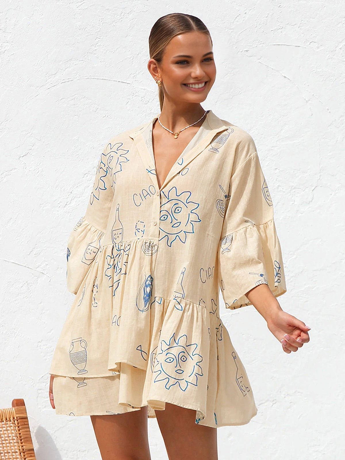 Oversize Sun Desenli Mini Elbise