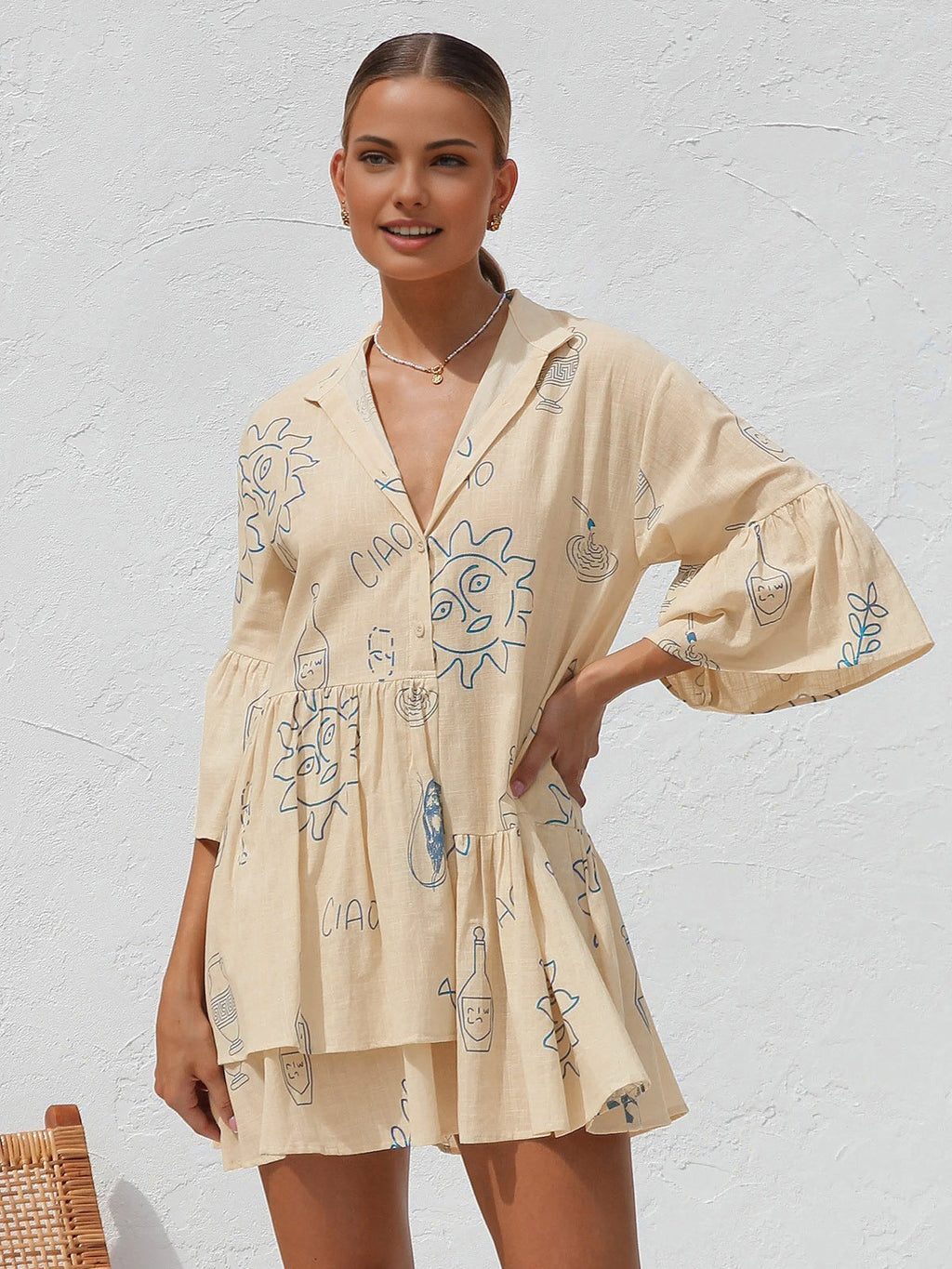 Oversize Sun Desenli Mini Elbise