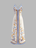 Günlük Çiçek Desenli Halter Yaka Uzun Elbise