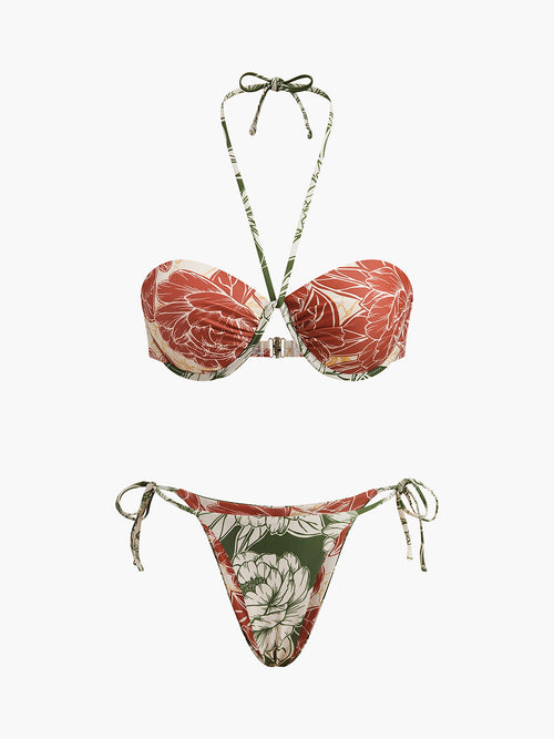 Çiçek Desenli Bağlamalı Yan Etek Bikini Seti