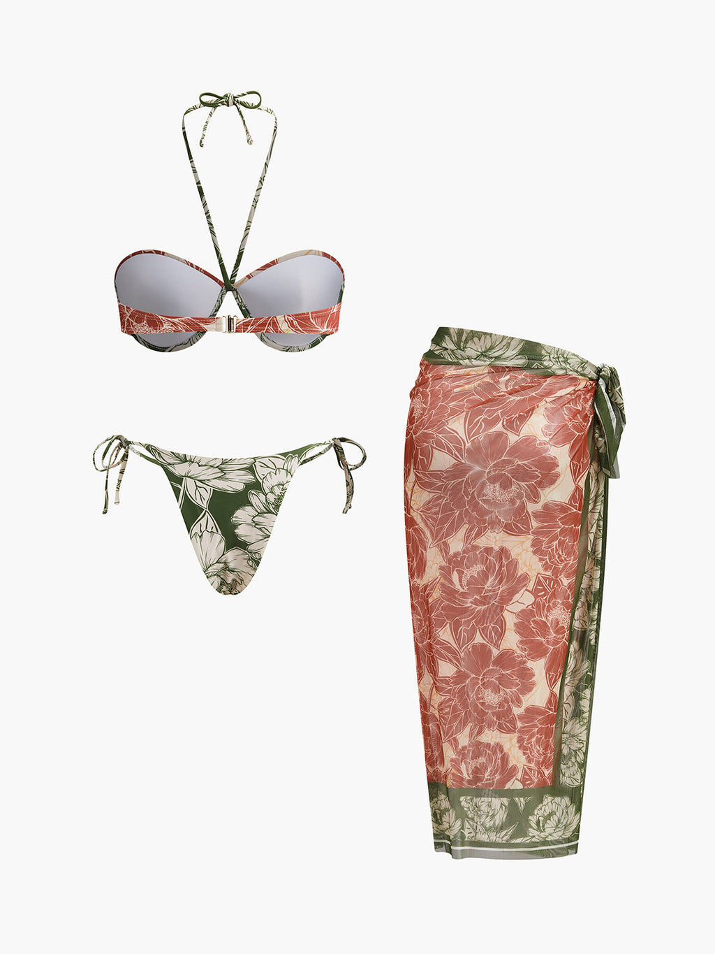 Çiçek Desenli Bağlamalı Yan Etek Bikini Seti