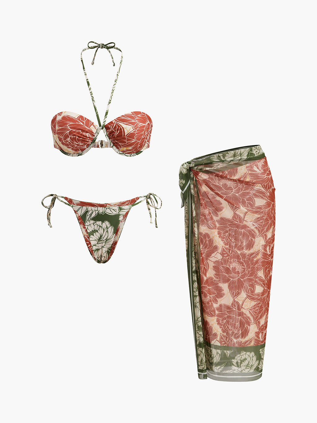 Çiçek Desenli Bağlamalı Yan Etek Bikini Seti