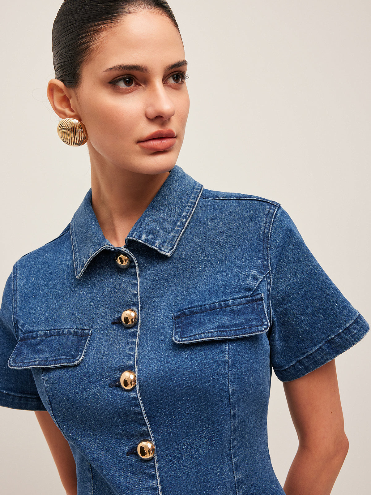 Düğmeli Denim Gömlek Elbise