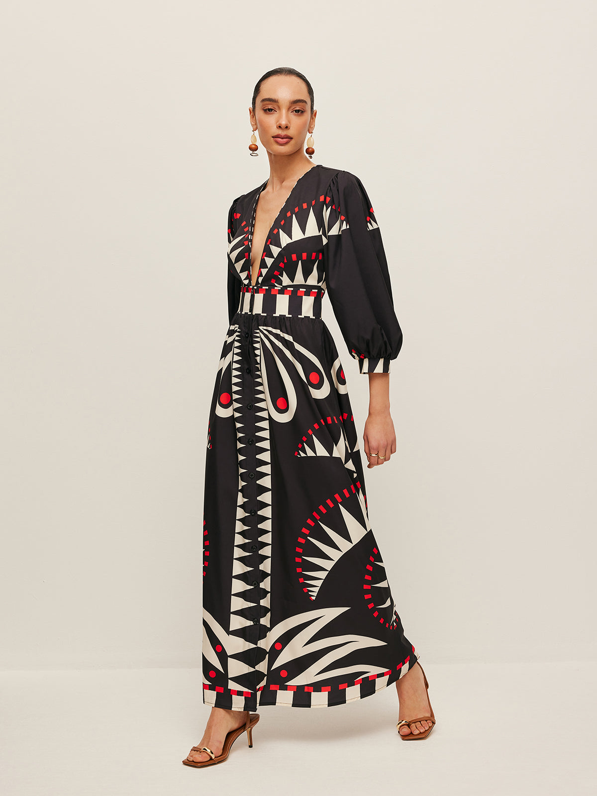 Boho Desenli V Yaka Yırtmaçlı Elbise