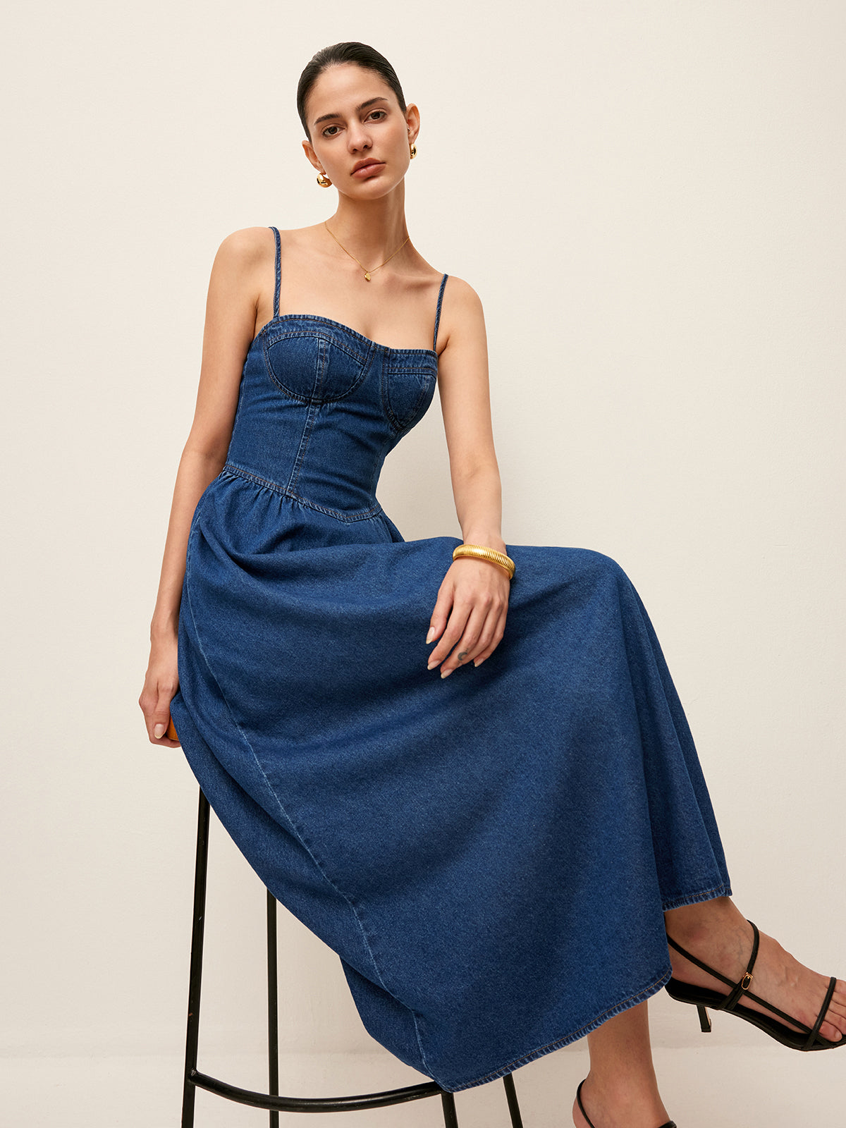 Kalp Yaka Denim Elbise
