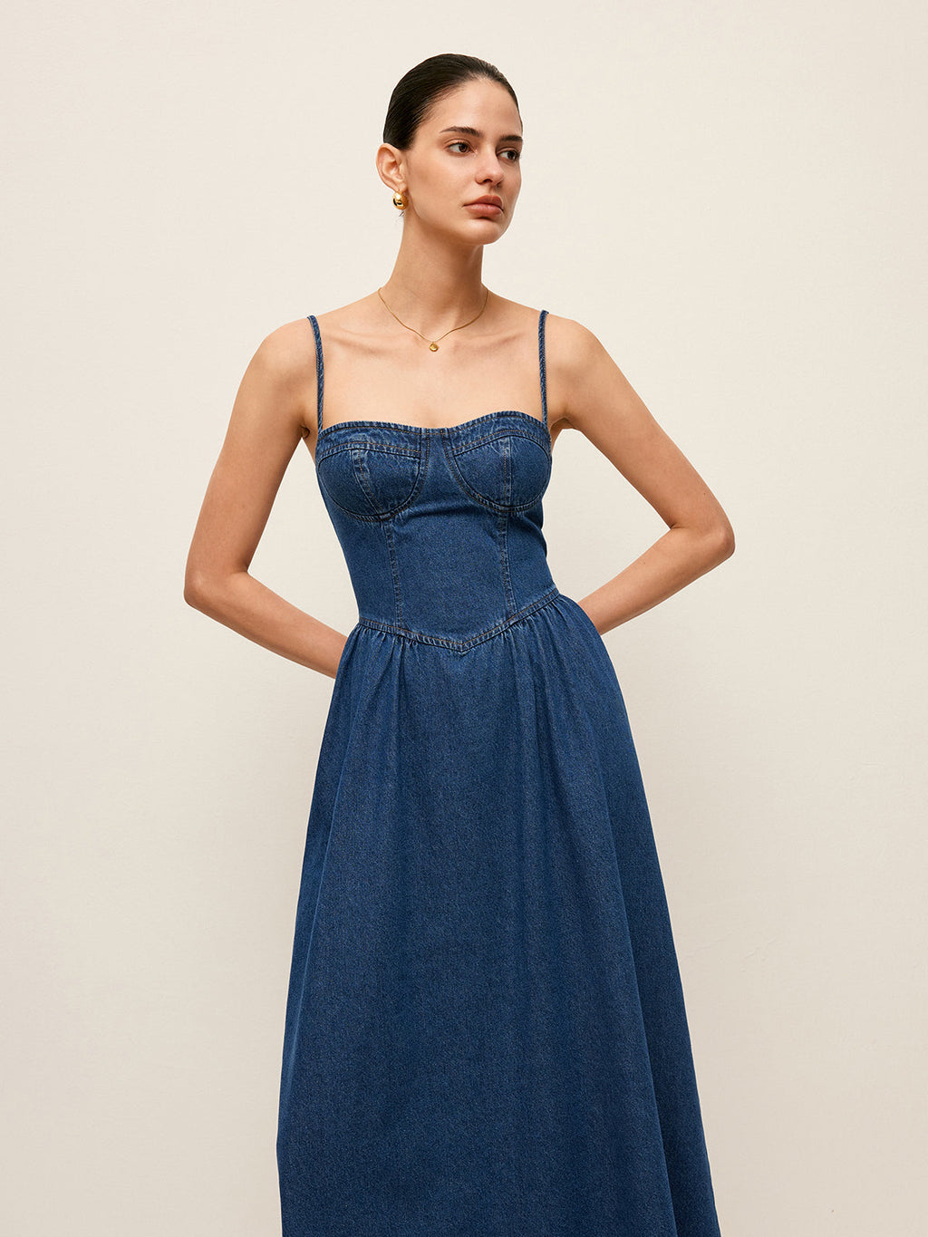 Kalp Yaka Denim Elbise