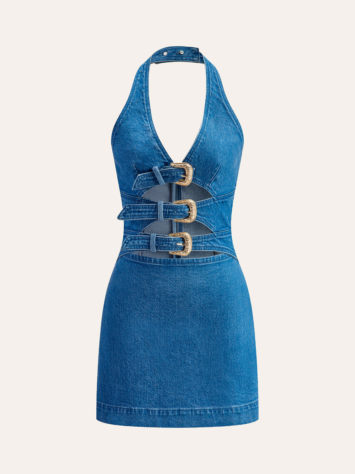 Halter Yaka Toka Detaylı Denim Elbise