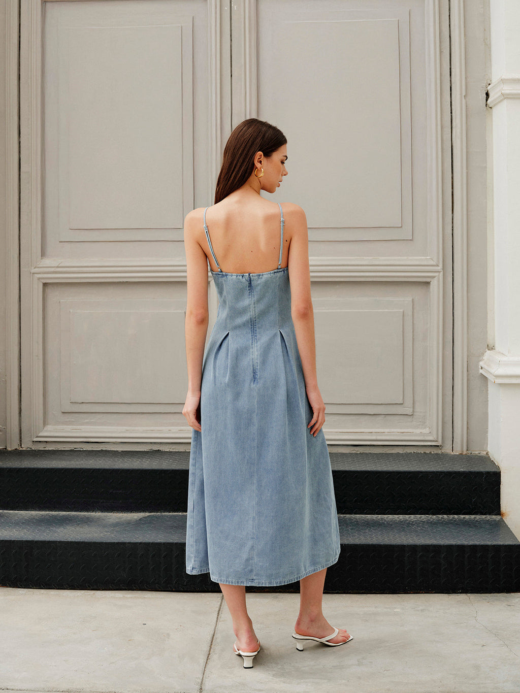 Minimalist Fermuarlı Denim Elbise