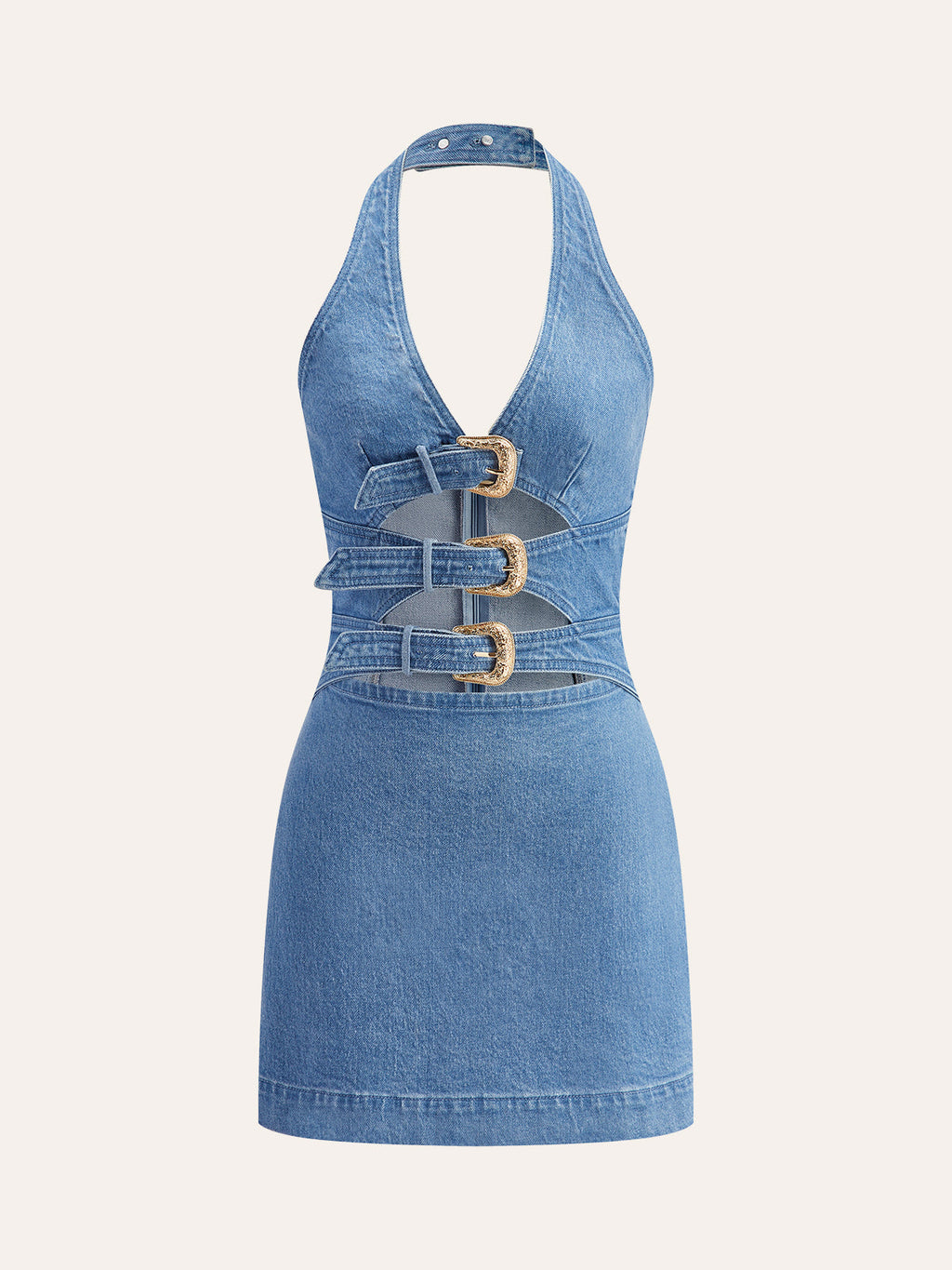 Halter Yaka Toka Detaylı Denim Elbise