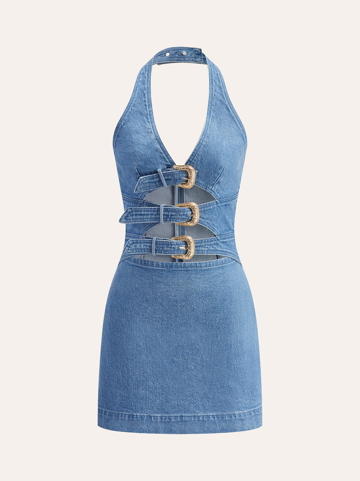 Halter Yaka Toka Detaylı Denim Elbise