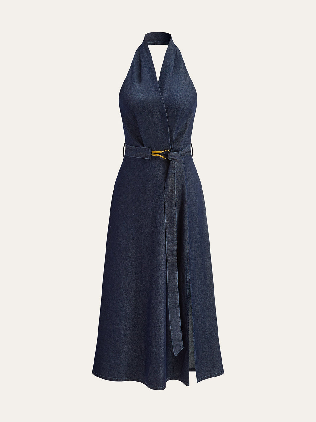 Denim Kemerli Halter Yaka Midi Elbise