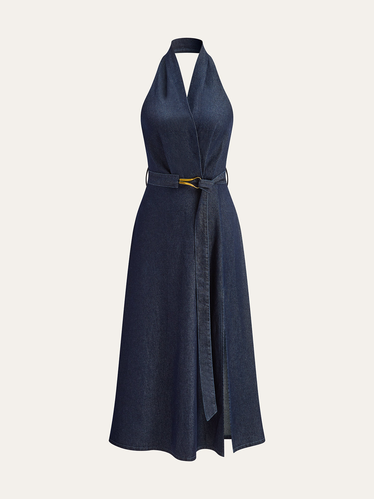 Denim Kemerli Halter Yaka Midi Elbise
