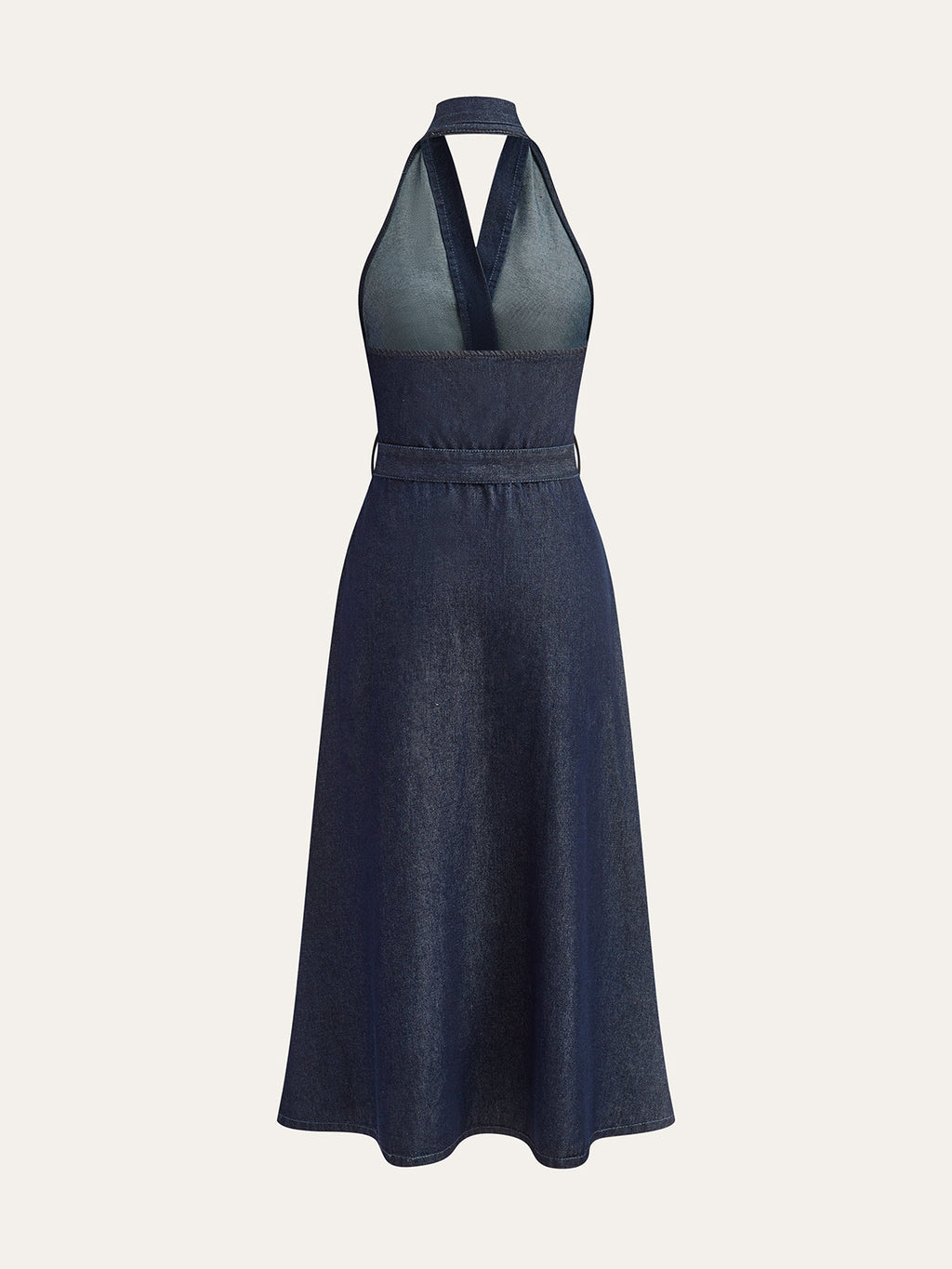 Denim Kemerli Halter Yaka Midi Elbise