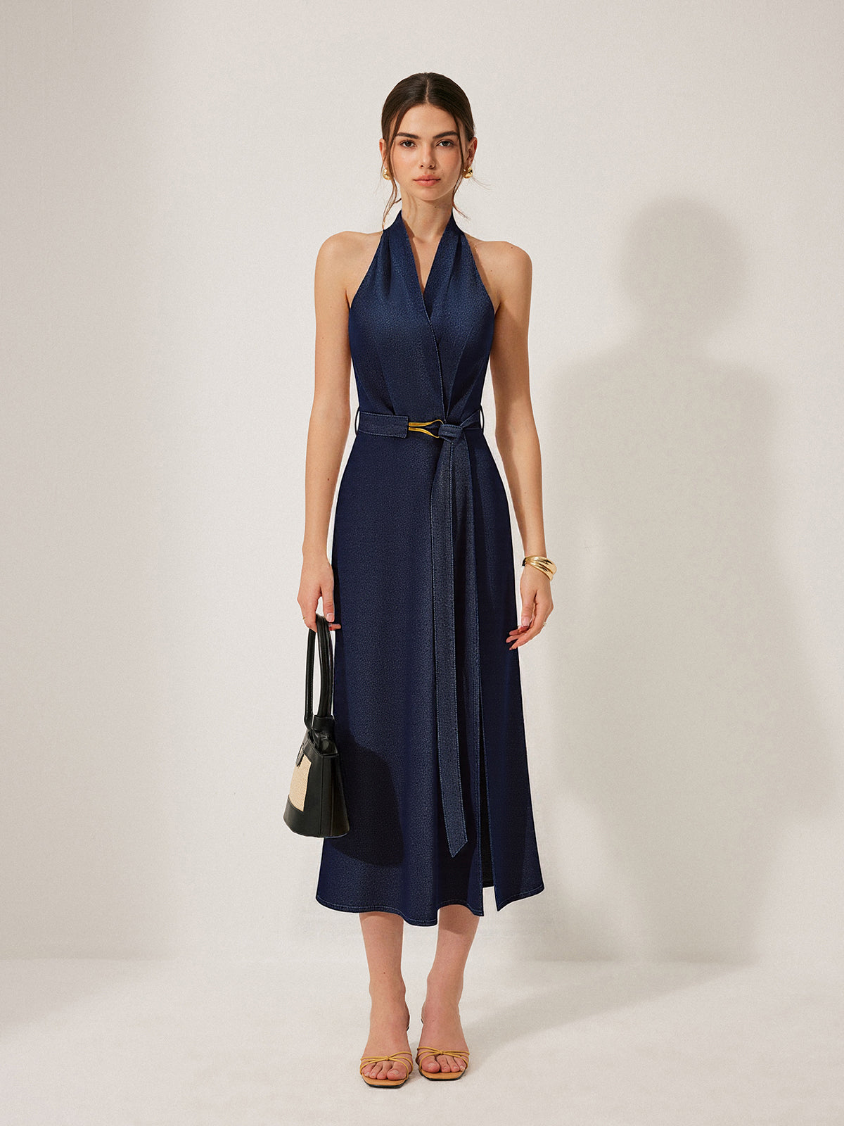Denim Kemerli Halter Yaka Midi Elbise