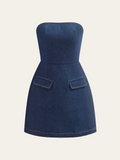 Straplez Denim Dekoratif Cepli Mini Elbise