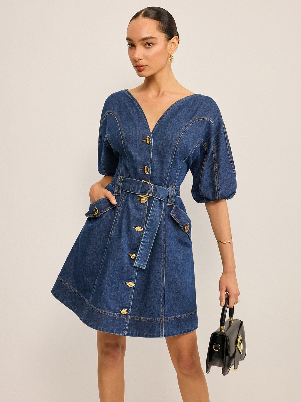 Cepli Kemerli Denim Elbise
