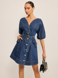 Cepli Kemerli Denim Elbise