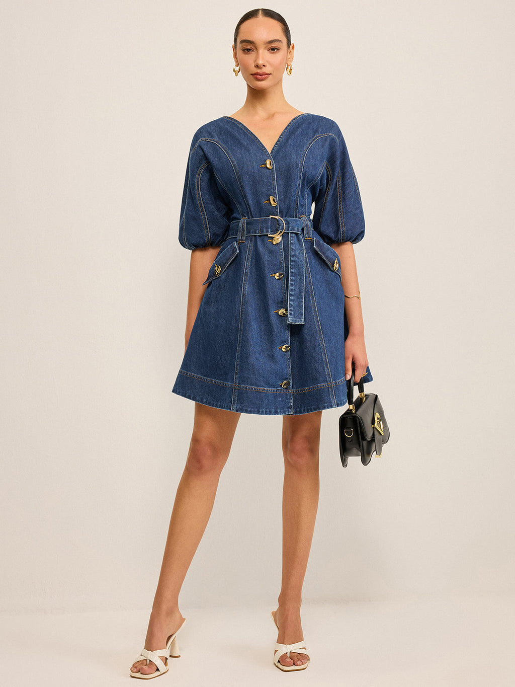 Cepli Kemerli Denim Elbise