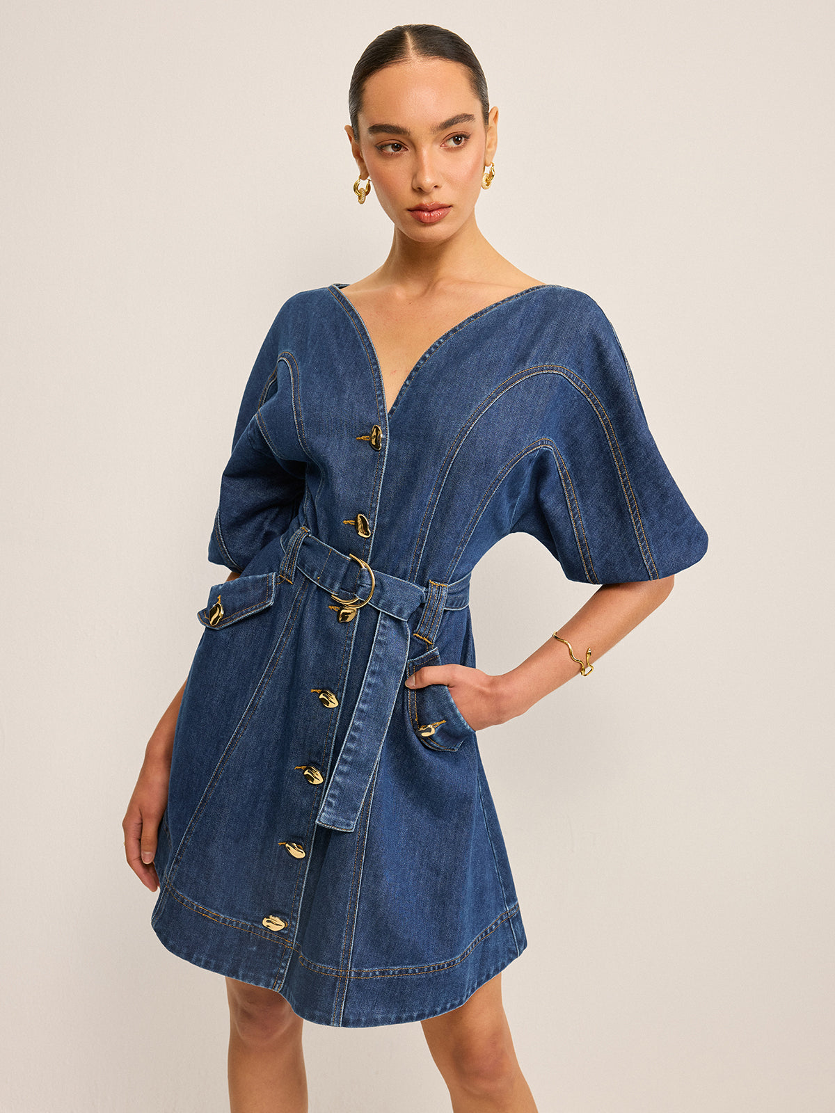 Cepli Kemerli Denim Elbise