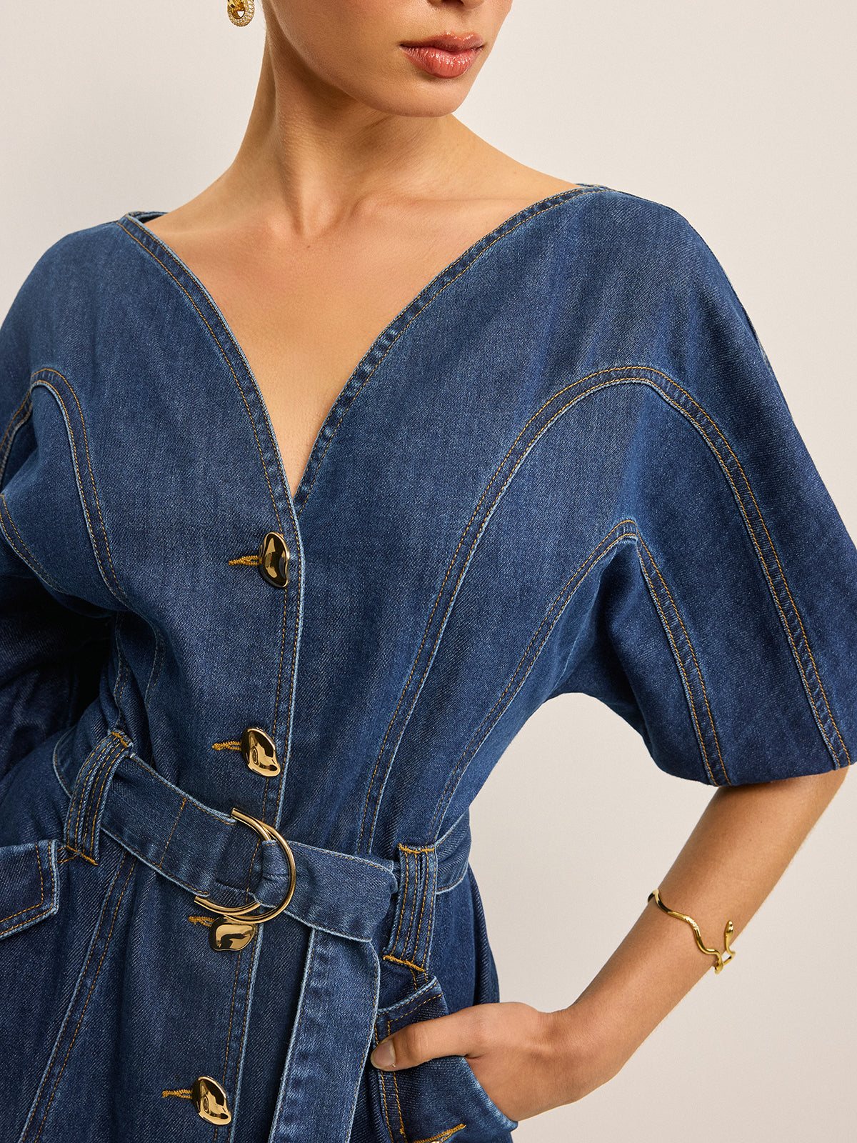Cepli Kemerli Denim Elbise
