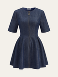 Denim Mini Sleeved Önden Fermuarlı Mini Elbise