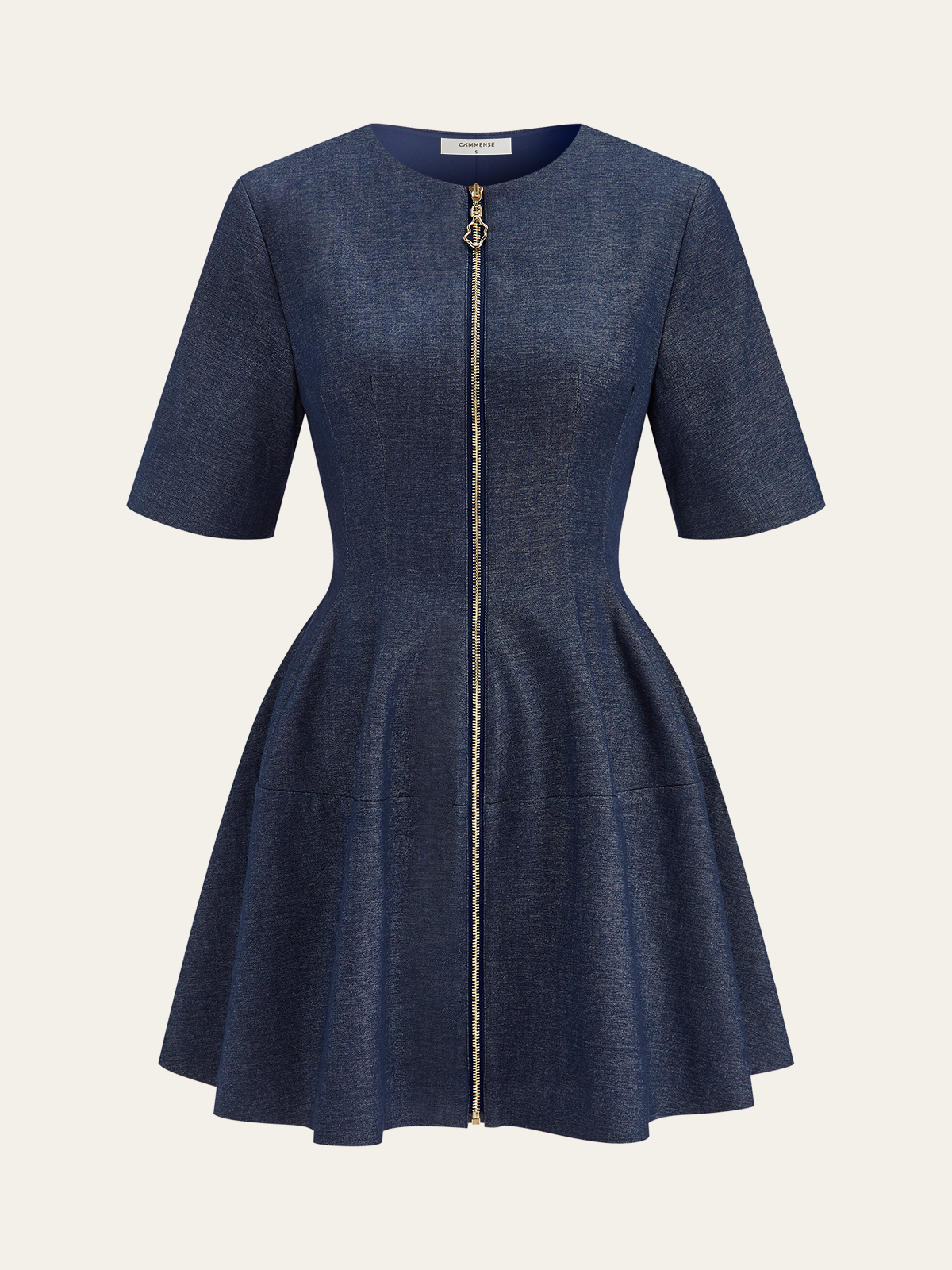 Denim Mini Sleeved Önden Fermuarlı Mini Elbise