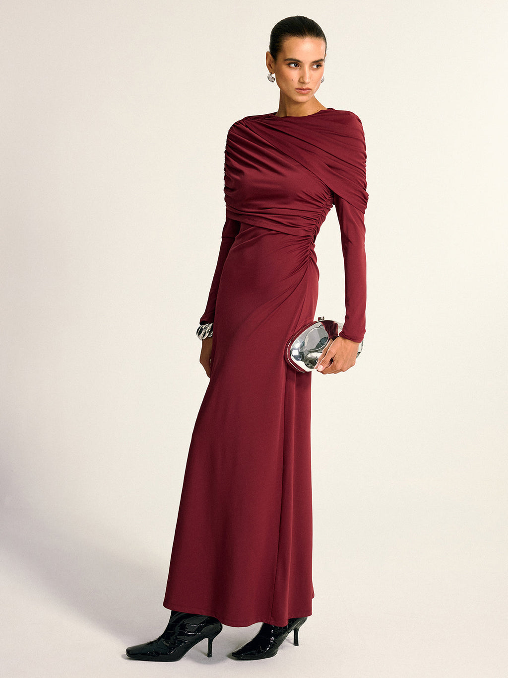 Draped Uzun Kollu Maxi Elbise