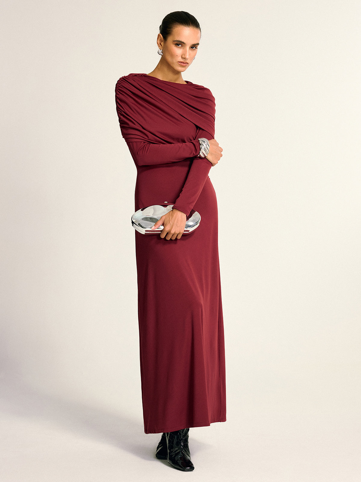 Draped Uzun Kollu Maxi Elbise
