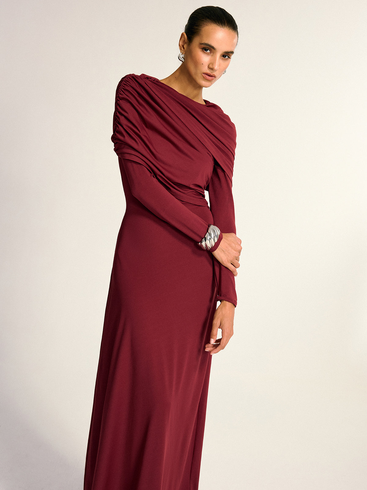 Draped Uzun Kollu Maxi Elbise