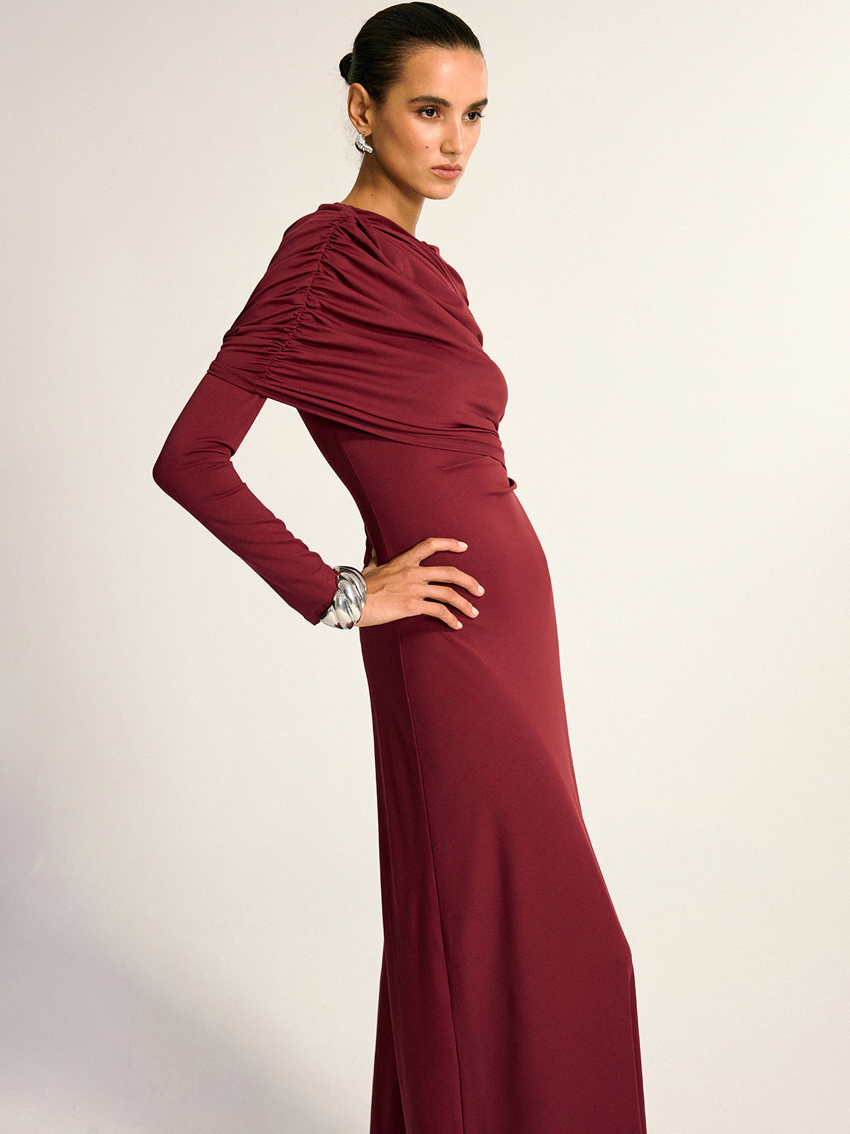 Draped Uzun Kollu Maxi Elbise