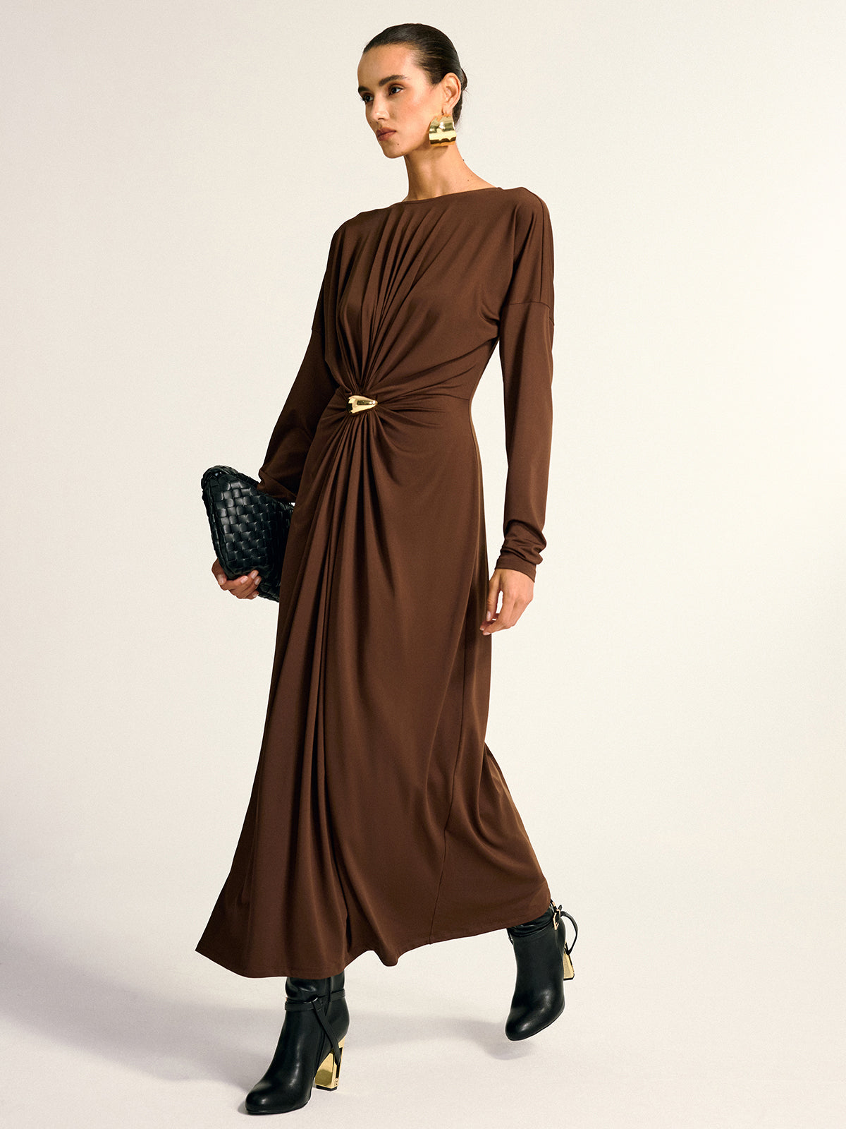 Metal Detaylı Draped Maxi Elbise