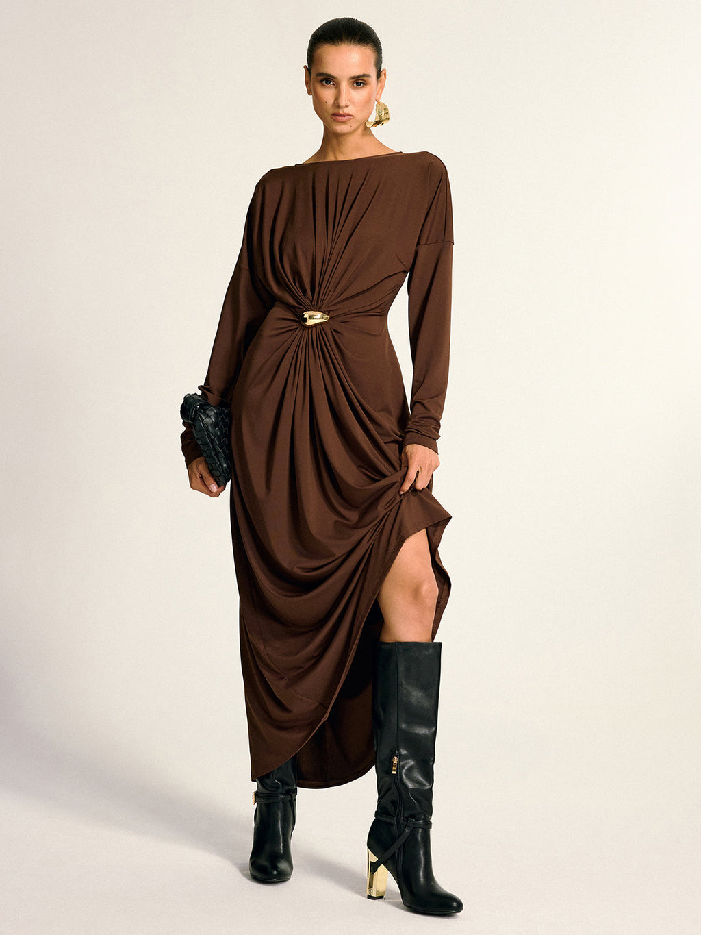 Metal Detaylı Draped Maxi Elbise