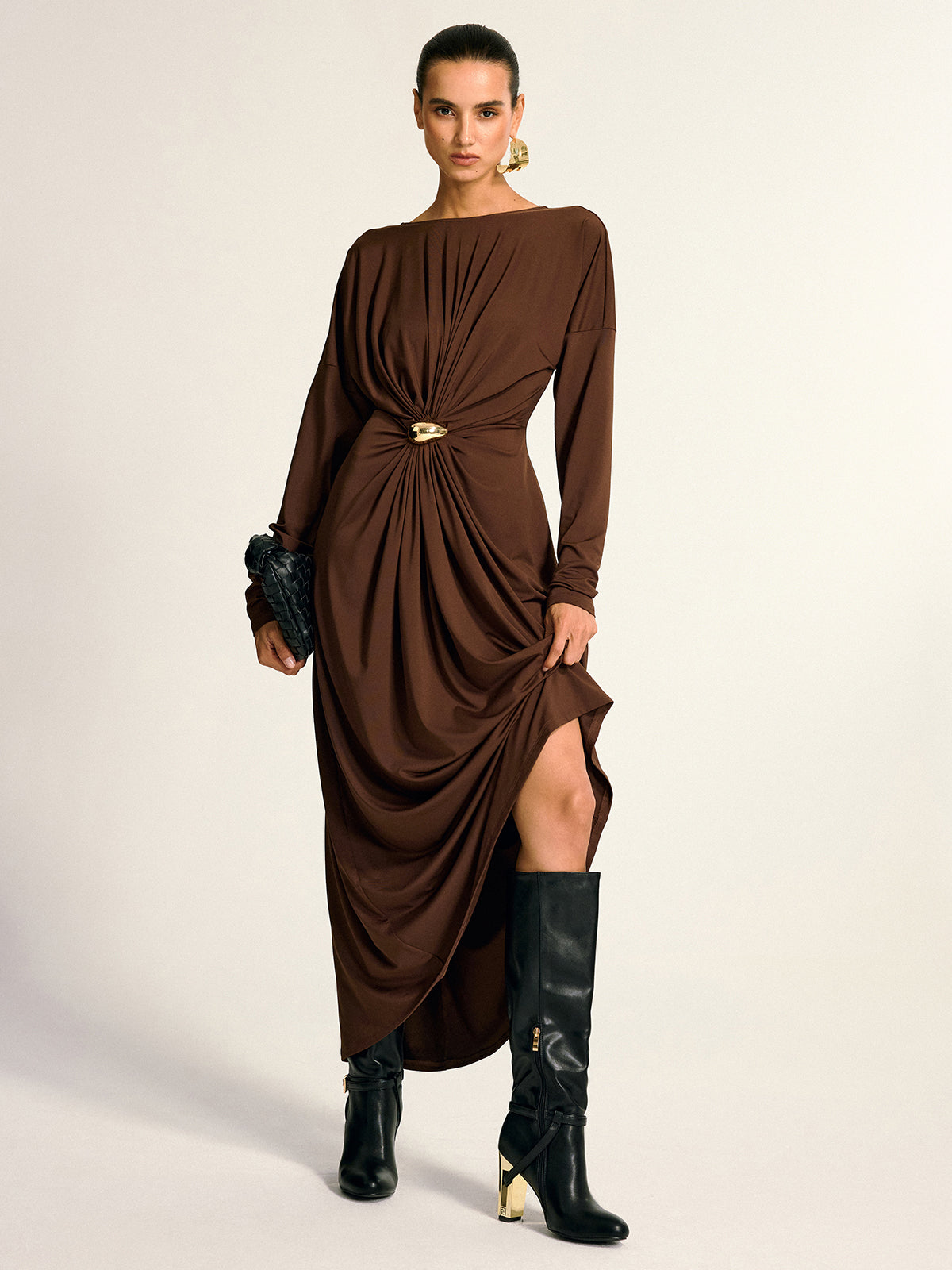 Metal Detaylı Draped Maxi Elbise
