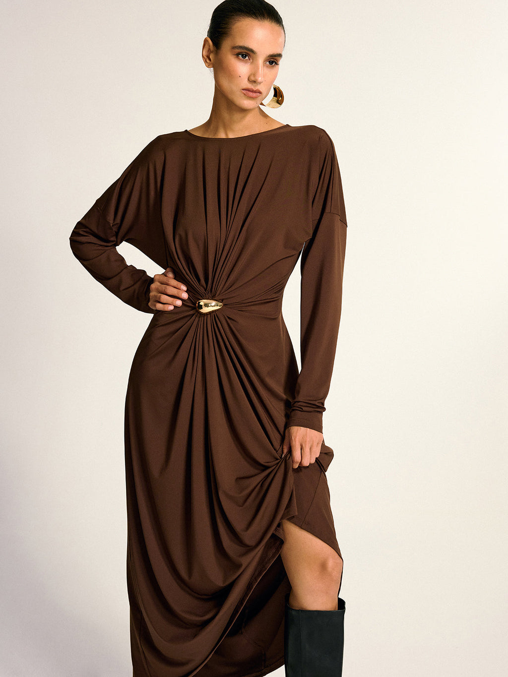 Metal Detaylı Draped Maxi Elbise