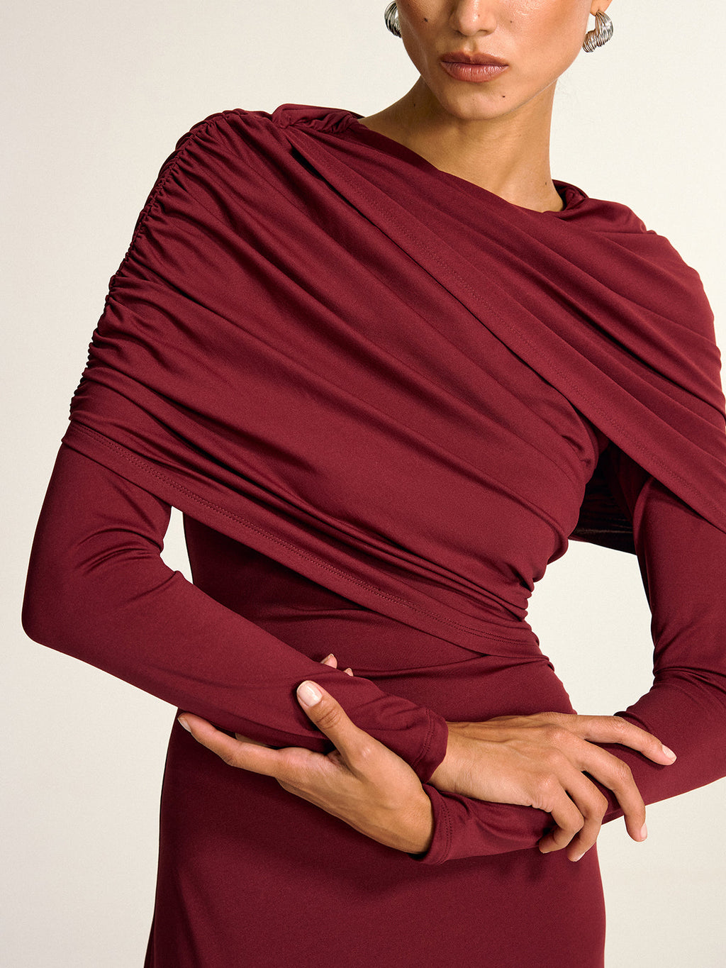 Draped Uzun Kollu Maxi Elbise
