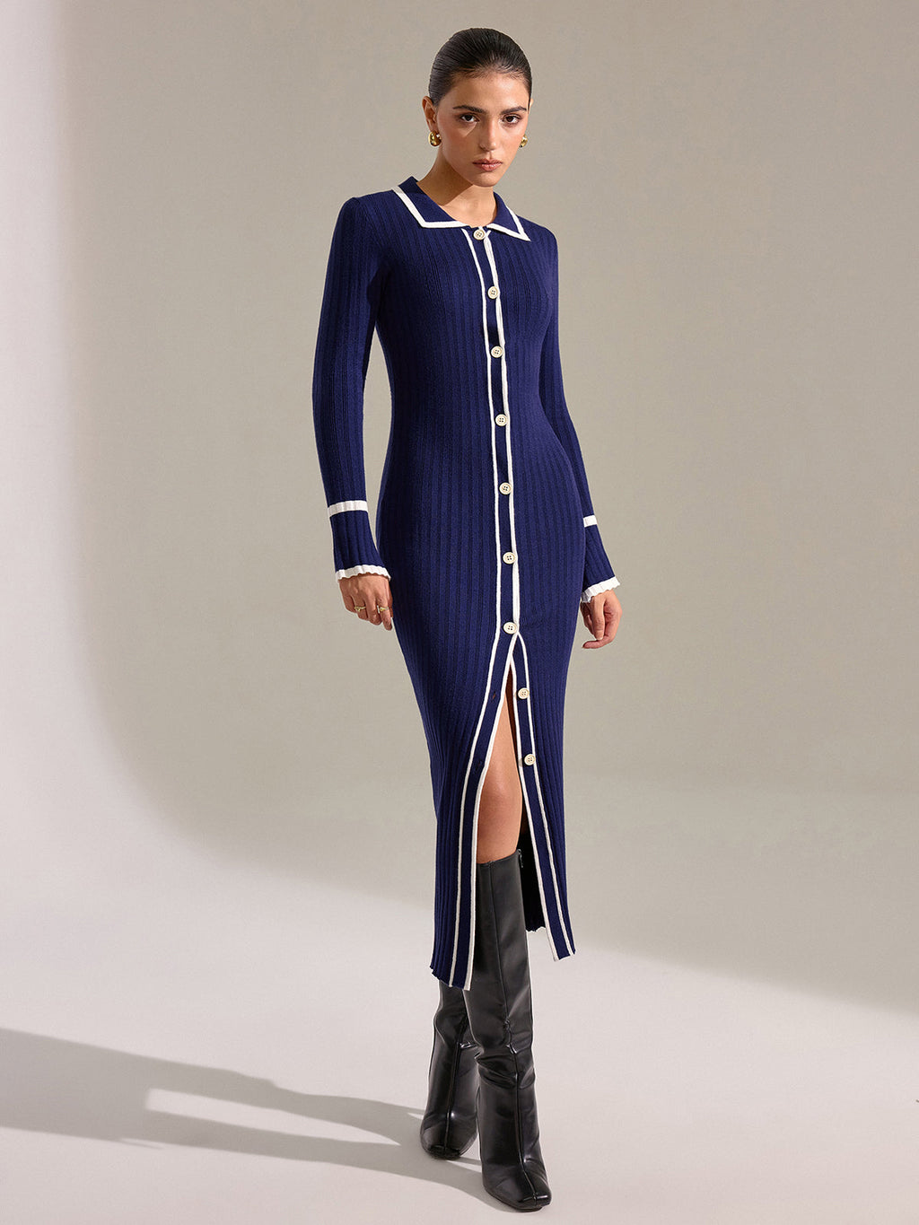 Kontrast Biyeli Önden Düğmeli Slim Fit Midi Elbise