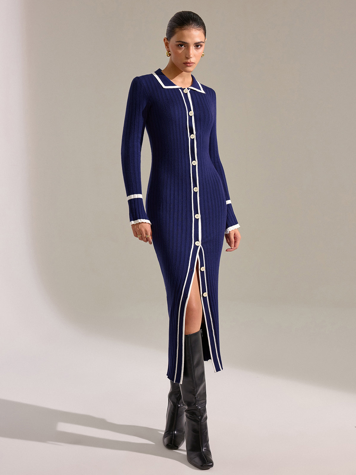 Kontrast Biyeli Önden Düğmeli Slim Fit Midi Elbise