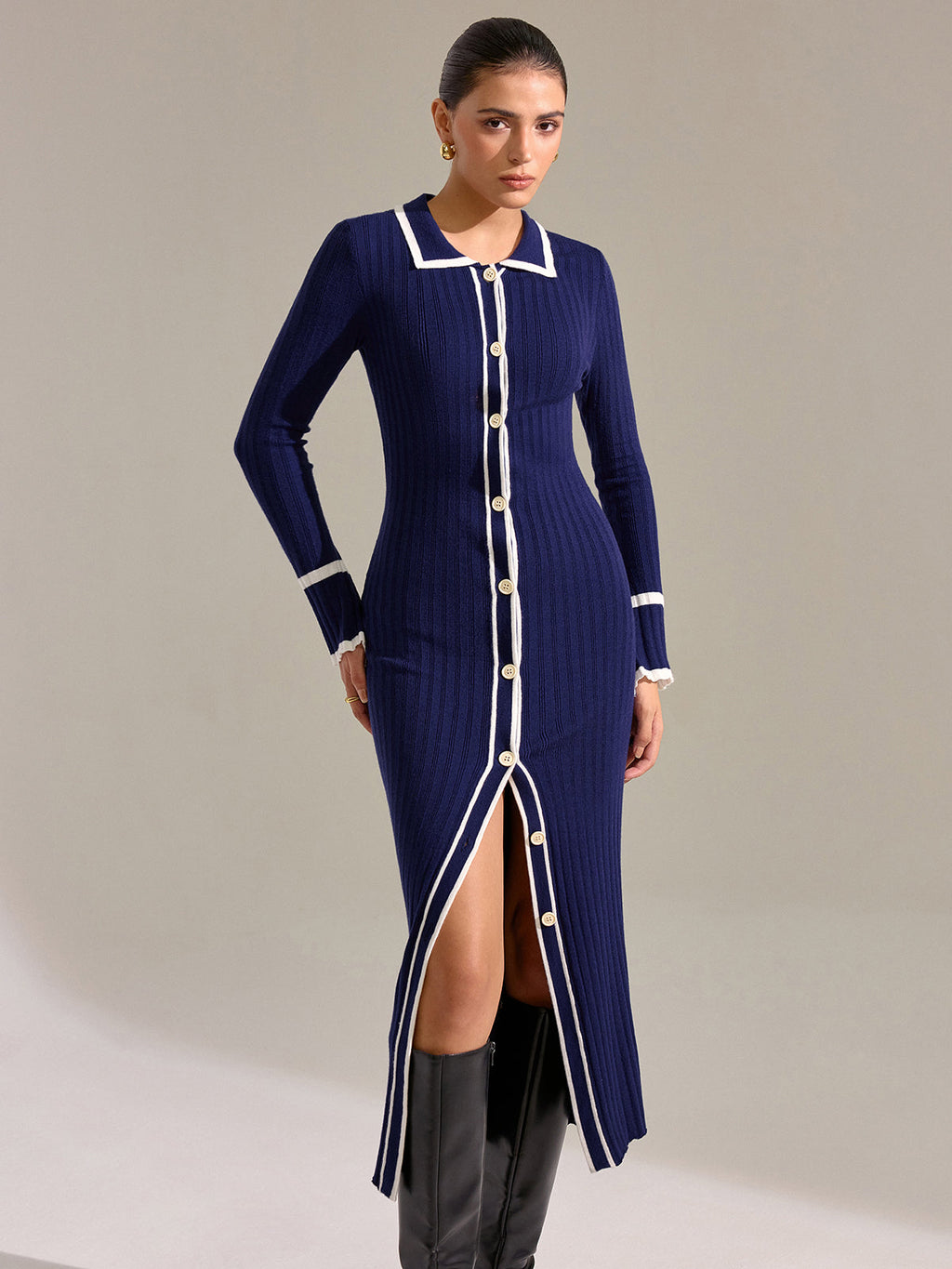 Kontrast Biyeli Önden Düğmeli Slim Fit Midi Elbise