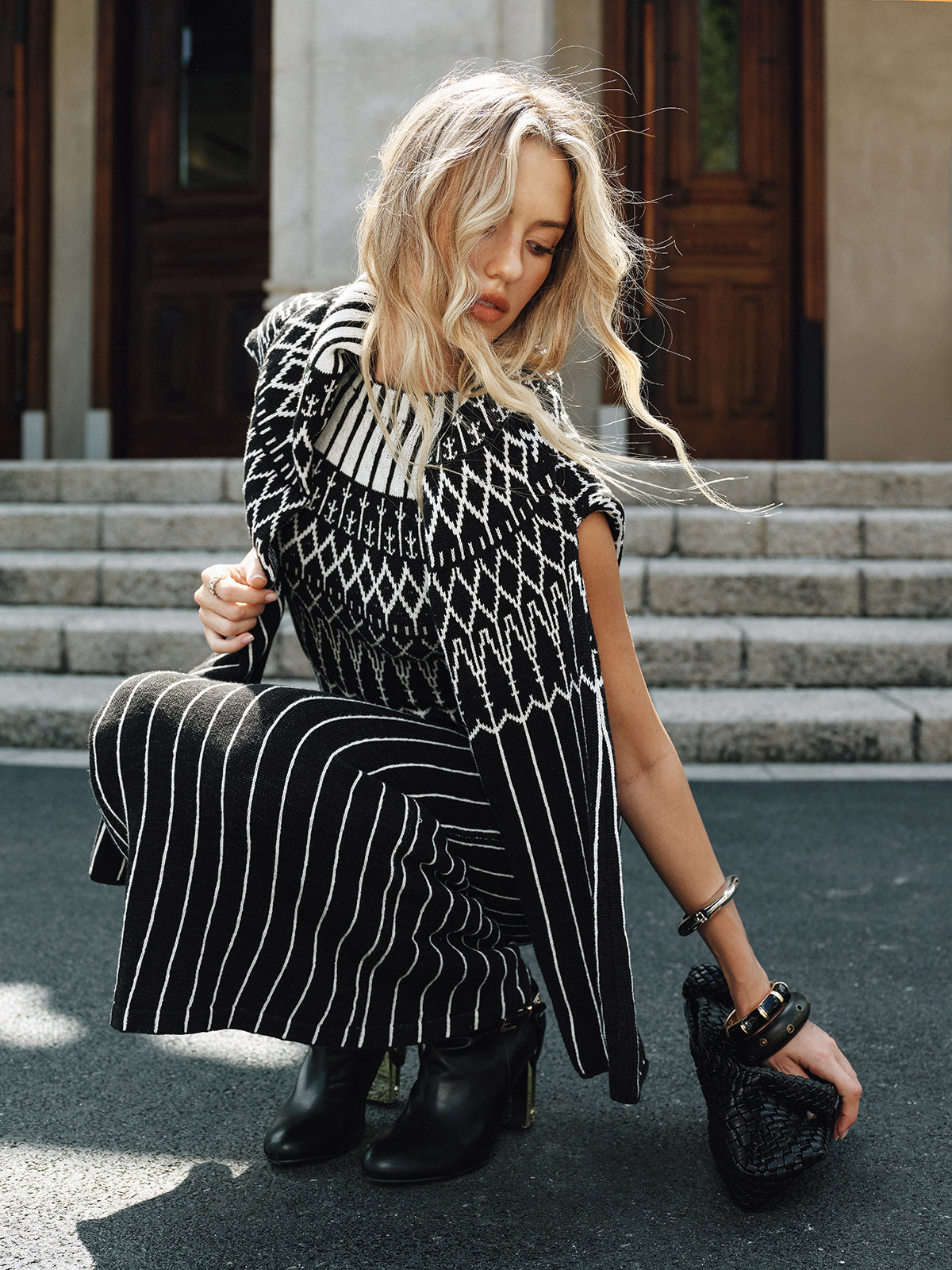 Fair Isle Desenli Kolsuz Maxi Elbise