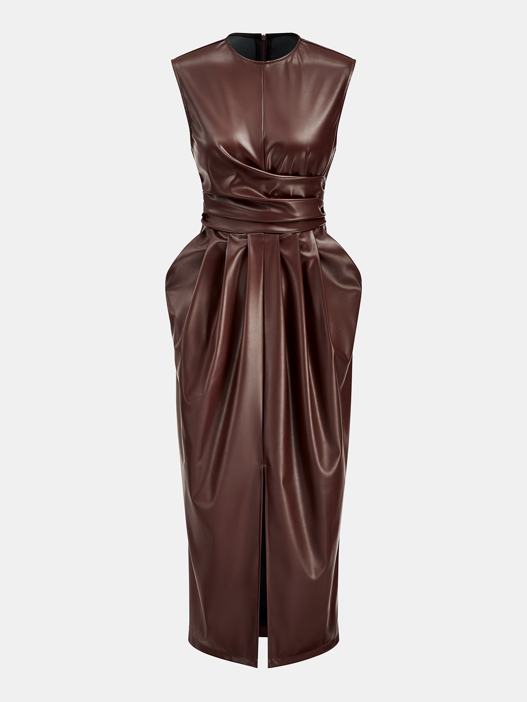 Kolsuz Yırtmaçlı PU Deri Draped Midi Elbise