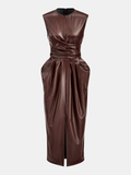 Kolsuz Yırtmaçlı PU Deri Draped Midi Elbise