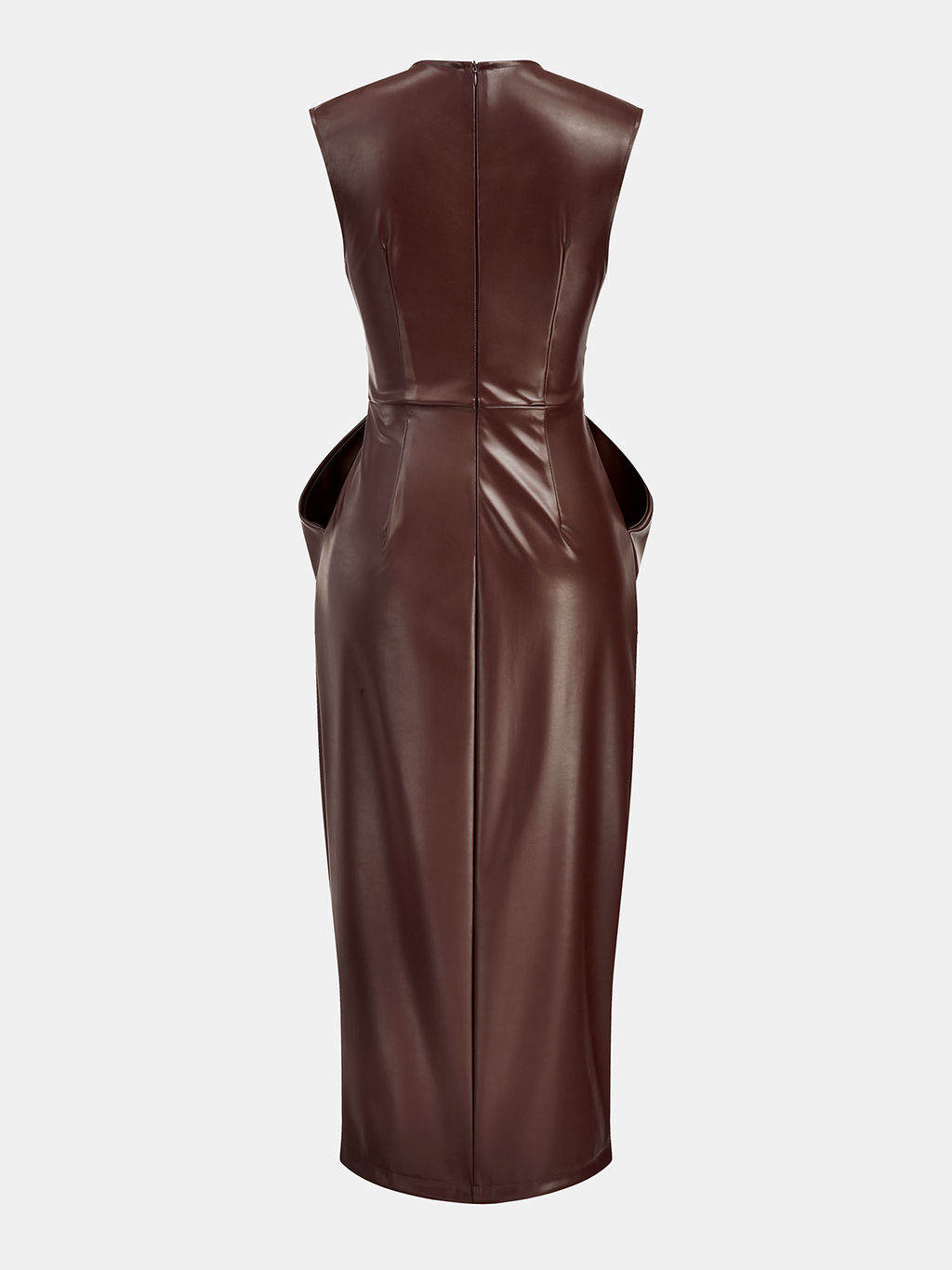 Kolsuz Yırtmaçlı PU Deri Draped Midi Elbise