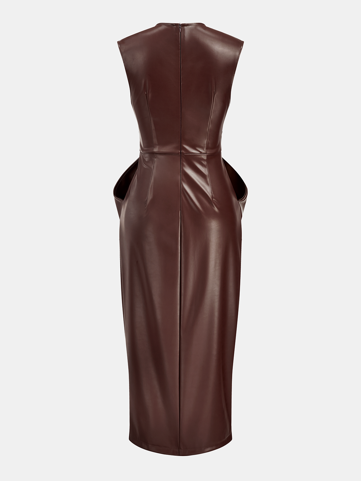Kolsuz Yırtmaçlı PU Deri Draped Midi Elbise