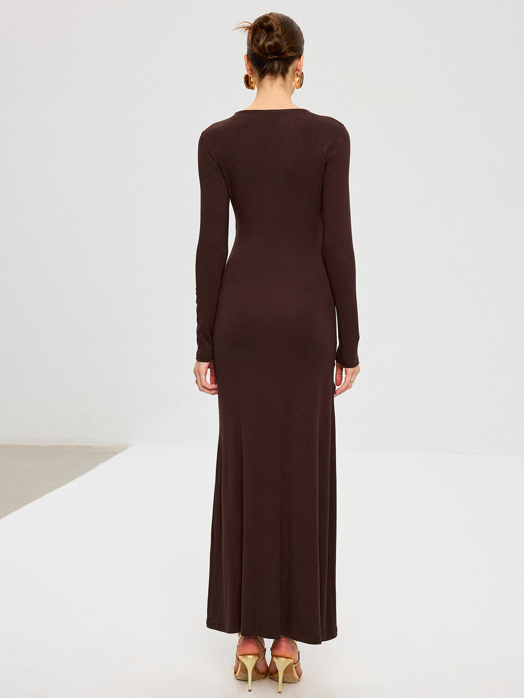 Metal Detaylı Uzun Kollu Draped Maxi Elbise