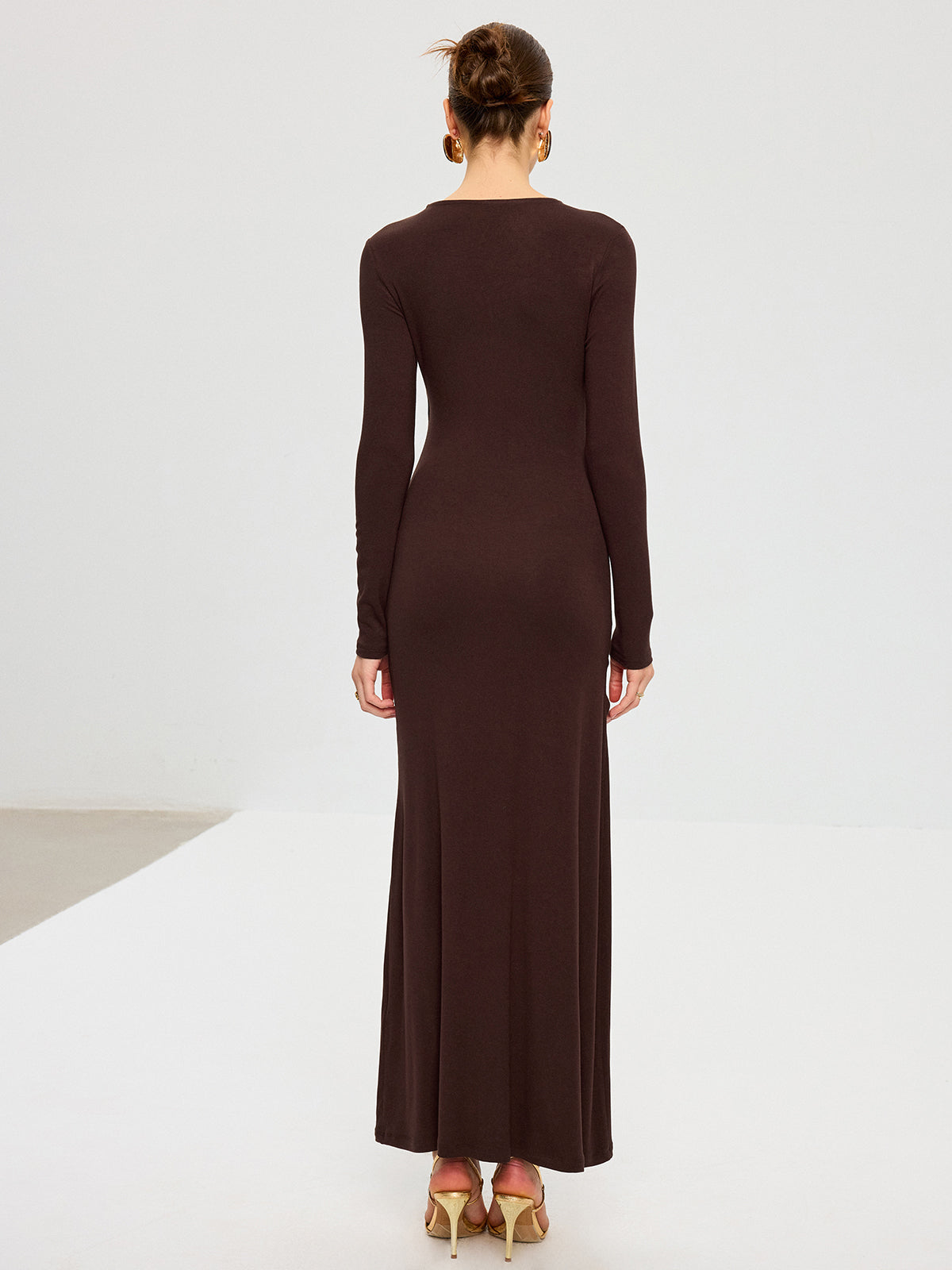 Metal Detaylı Uzun Kollu Draped Maxi Elbise